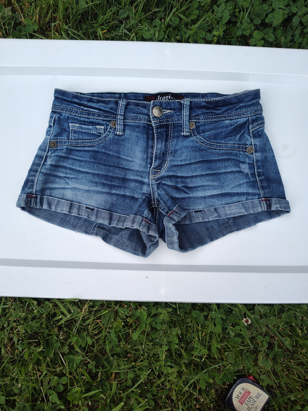 FRAGILE Women's Blue Jean Denim Low Rise Waist Shorts - Blue
